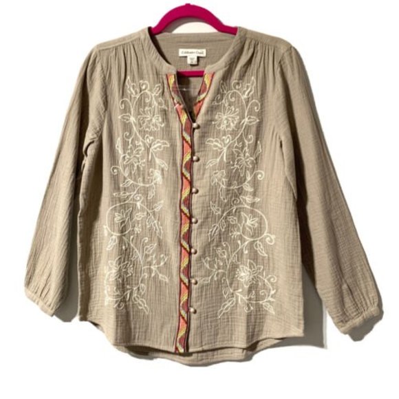 Coldwater Creek Shirt Button Front Size XS Embroidered Cotton Gauze Top - Picture 6 of 12